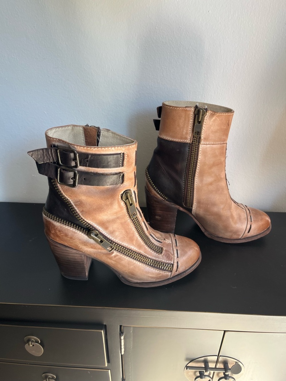 Freebird by Steven Two-Tone Brown Zip & Buckle Ankle Boots